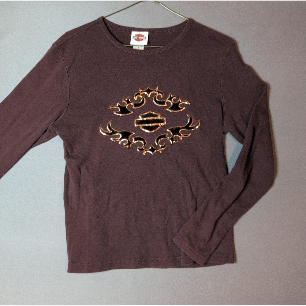 Vintage Harley Davidson Brown Graphic Long Sleeve Shirt Womens L Big Sky MT